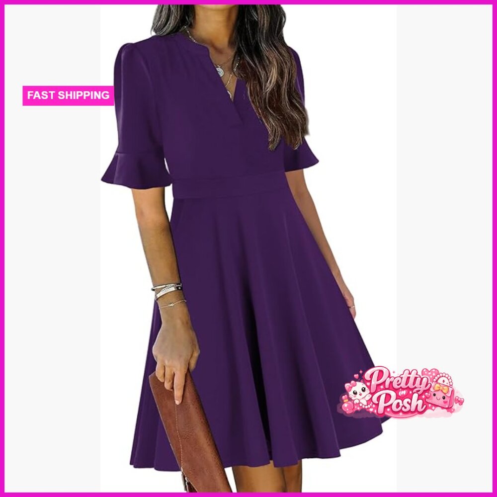 V Neck Ruffle Sleeve Fit and Flare Knee Length Dress with Pockets